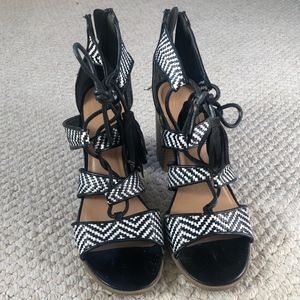 Black and White Lace Up Block Heel